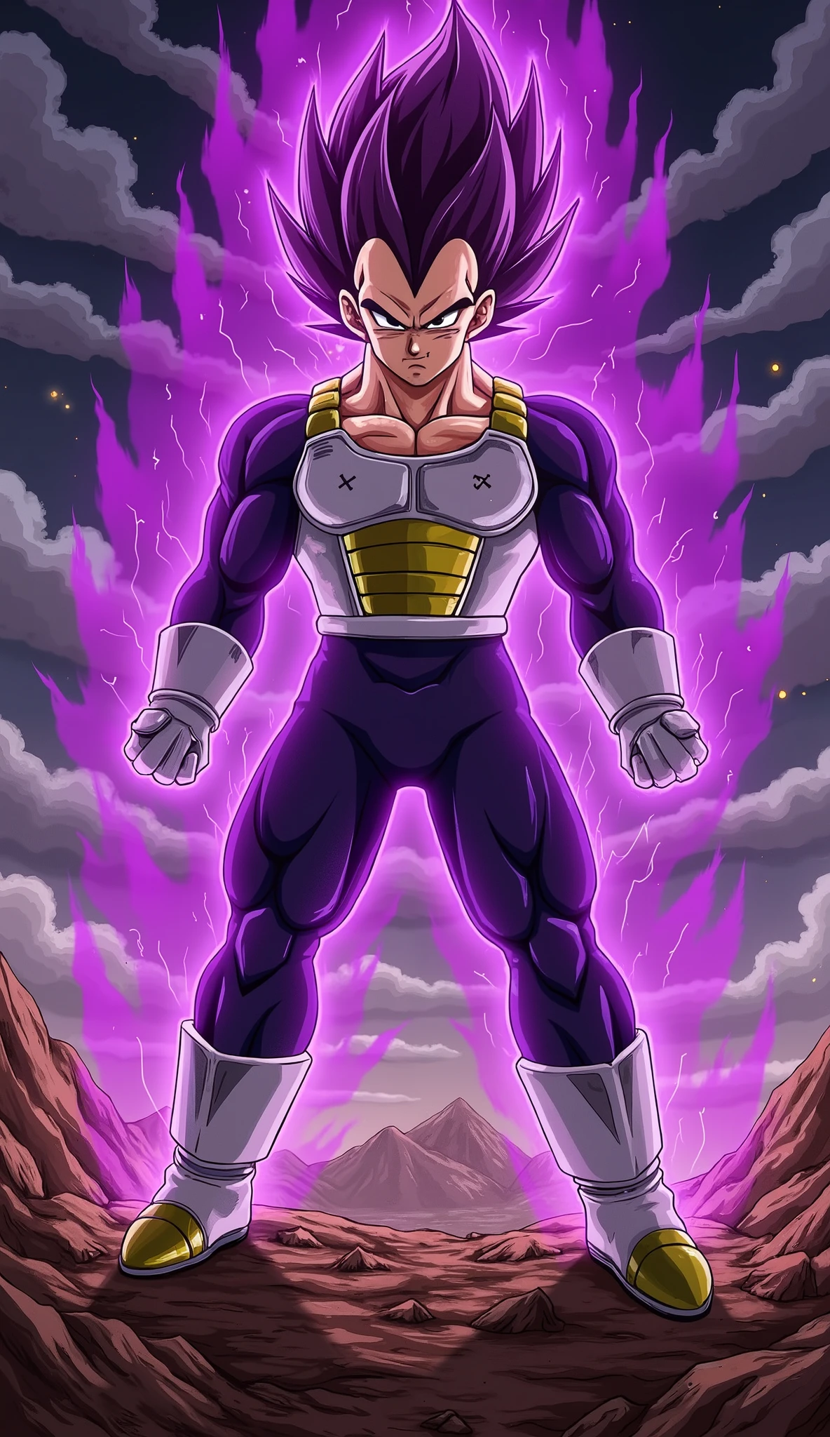 "A powerful Saiyan warrior stands in a dominant and imposing stance on a devastated, rocky battlefield under a dark, stormy sky filled with swirling clouds and crackling lightning. His muscular physique is accentuated by battle-worn Saiyan armor, with a torn, skin-tight purple bodysuit revealing his chiseled chest and abs. His sharp, piercing eyes glow with intense, vengeful rage, and a mysterious dark symbol is engraved on his forehead, signifying his dark transformation. His tall, spiky purple hair radiates electrifying energy, while his entire body is engulfed in a thick, swirling dark purple aura, pulsing with raw power and lightning arcs. Floating debris and shattered rock fragments levitate around him, emphasizing his immense, destructive energy.

Captured from multiple dynamic angles and poses:

Close-up shot: A dramatic focus on his face, highlighting his glowing eyes and intense expression.
Low-angle shot: Looking up at him to emphasize his overwhelming power.
Action pose: One arm extended, charging a powerful energy attack with crackling lightning.
Over-the-shoulder shot: Viewing the destruction around him from his perspective, showcasing the ruined battlefield.
Full-body stance: Standing with arms crossed, his dark aura swirling, and the storm raging behind him.
Side kick pose: Delivering a devastating sideways kick, his muscles flexed, with shockwaves and energy bursts radiating from the impact, cracking the ground beneath him.
Rendered in a highly detailed, cel-shaded anime style inspired by Dragon Ball Z, featuring dramatic lighting, intense contrast, intricate textures, and an action-packed cinematic atmosphere."