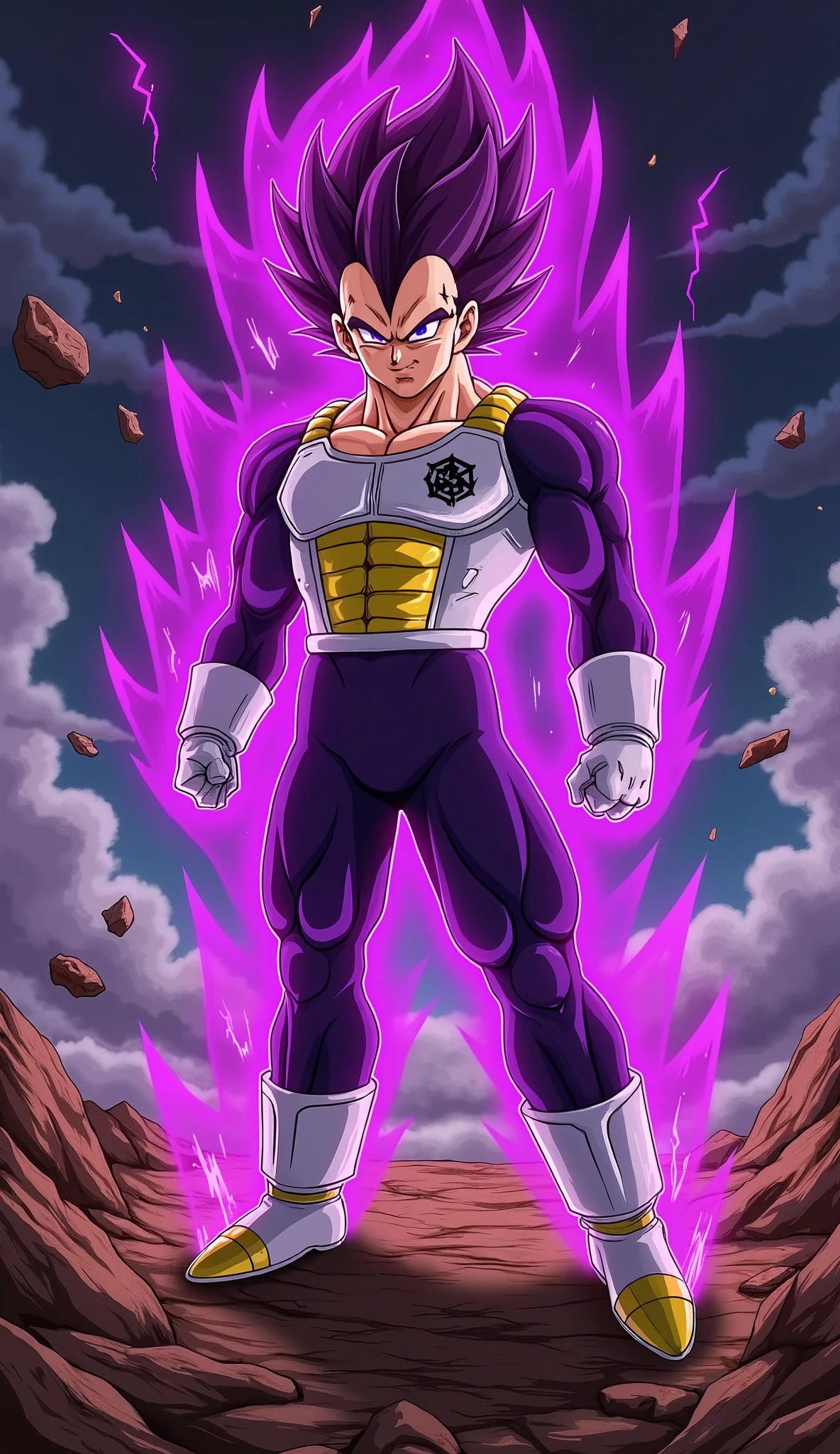 "A powerful Saiyan warrior stands in a dominant and imposing stance on a devastated, rocky battlefield under a dark, stormy sky filled with swirling clouds and crackling lightning. His muscular physique is accentuated by battle-worn Saiyan armor, with a torn, skin-tight purple bodysuit revealing his chiseled chest and abs. His sharp, piercing eyes glow with intense, vengeful rage, and a mysterious dark symbol is engraved on his forehead, signifying his dark transformation. His tall, spiky purple hair radiates electrifying energy, while his entire body is engulfed in a thick, swirling dark purple aura, pulsing with raw power and lightning arcs. Floating debris and shattered rock fragments levitate around him, emphasizing his immense, destructive energy.
Captured from multiple dynamic angles and poses:
Close-up shot: A dramatic focus on his face, highlighting his glowing eyes and intense expression.
Low-angle shot: Looking up at him to emphasize his overwhelming power.
Action pose: One arm extended, charging a powerful energy attack with crackling lightning.
Over-the-shoulder shot: Viewing the destruction around him from his perspective, showcasing the ruined battlefield.
Full-body stance: Standing with arms crossed, his dark aura swirling, and the storm raging behind him.
Side kick pose: Delivering a devastating sideways kick, his muscles flexed, with shockwaves and energy bursts radiating from the impact, cracking the ground beneath him.
Rendered in a highly detailed, cel-shaded anime style inspired by Dragon Ball Z, featuring dramatic lighting, intense contrast, intricate textures, and an action-packed cinematic atmosphere."