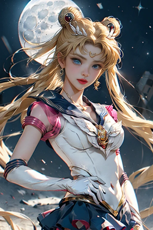 1 mechanical girl: 1.4, Sailor Moon, pink sailor suit, good-looking face, sailor Moon, moon hare, rabbit ears, white top, blonde hair, pink skirt, heart on background, sci-fi background, complex background, glowing hair, light forehead, moon on the background, panorama, holding a gun