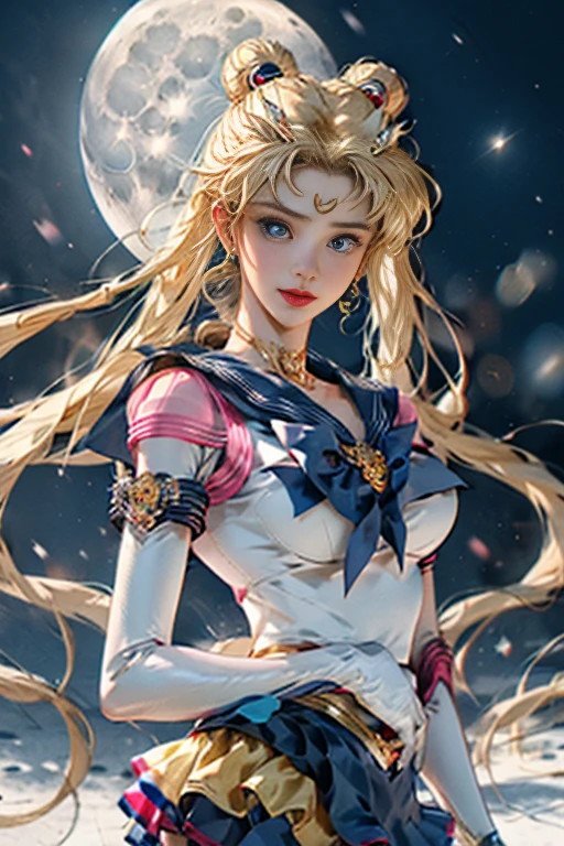 masutepiece, full: 1.3, to stand, 8K, 。.。.3D, Realistic, Ultra Micro Photography, of the highest quality, Extreme Details CG Unity 8K Wallpapers, From below, Intricate details, (1 female), 28 years old, (meishaonv,Sailor Moon,tiarra, Sailor Senshi Uniform Sailor: 1.2, Sailor Moon: 1.2), Incredibly long bright twin-tailed blonde, Thin and very long straight twin tail blonde, Hair bun, Red round hair ornament in a hair bun, Sailor Senshi Uniform, huge tit, (Silver-blue collar, blue sailor collar, Silver blue pre-gate ultra mini skirt: 1.3,Pants are visible,Super High Leg Swimsuit, very large red bow on the chest,,: 1.3, Long white latex gloves: 1.3, Red gloves on the elbows, very large red bow behind the waist,: 1.1, cleavage looks bigger:1.2, a golden tiara, earrings), (Face Details: 1.5, Bright blue eyes, Beautiful face, Beautiful eyes, shiny eyes, thin lips: 1.5, thin and sharp pale eyebrows, long dark eyelashes, Double eyelashes), Luxurious Golden Jewelry, Thin, thin and muscular,,, a small face, Perfect proportions, thin waist, SEXY Model Pose, Visible Pore, Seductive smile, Perfect hands: 1.5, Very thin and fitting high gloss silver-white holographic leather, Octane Rendering, highly dramatic picture, Strong natural light, Sunlight, exquisite lighting and shadow, Dynamic Angle, Digital SLR, Sharp Focus: 1.0, Maximum clarity and sharpness, (Space background,Moon, dynamic background, Detailed background),(Rabbit, Double bun, Twin-tailed, Parted bangs, circlet, Jewelry, earrings, Choker, Red bow, White Gloves, elbow groves, Blue skirt
),nffsw