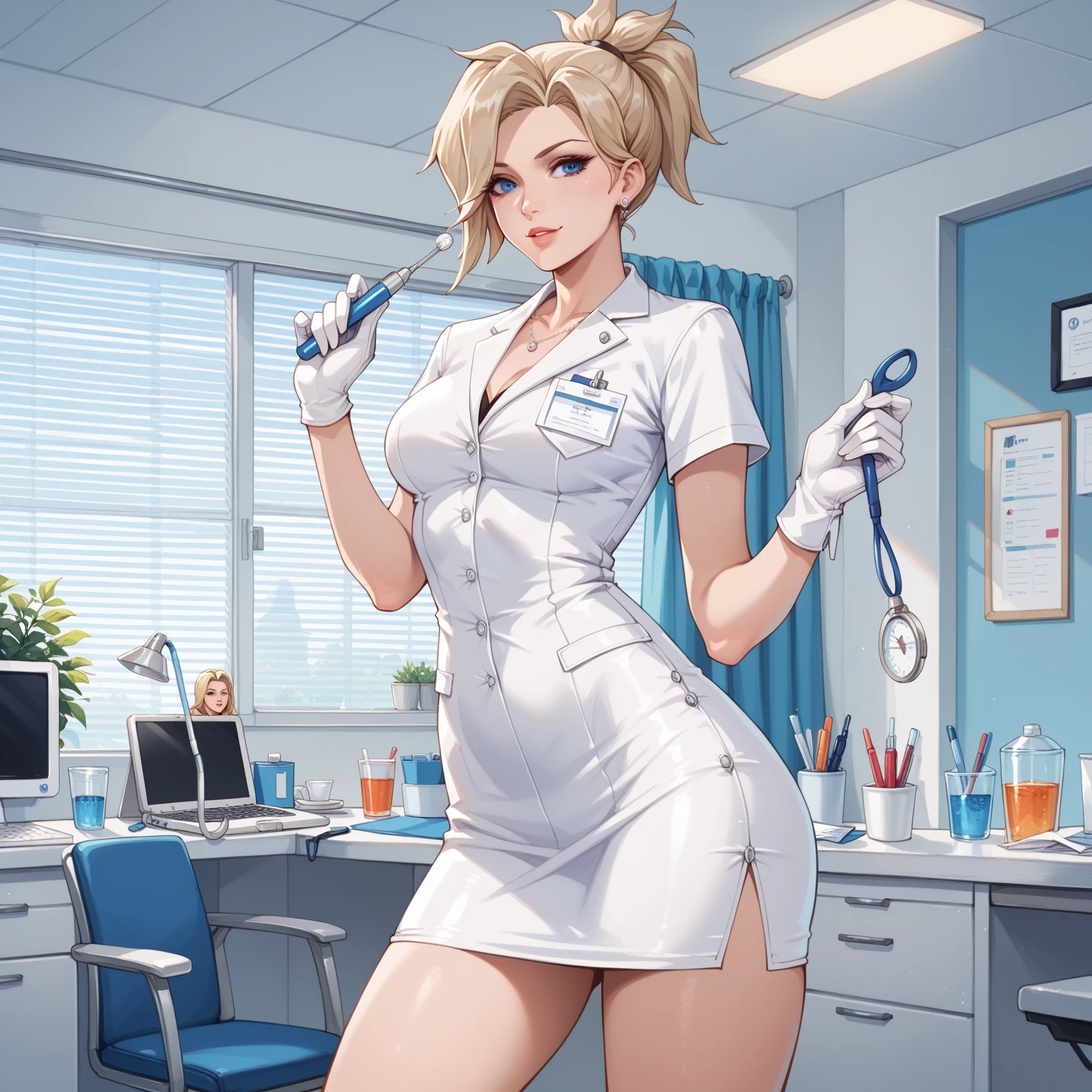 Doctor Mercy from Overwatch, blonde hair, black stockings, nude tits, white medical coat