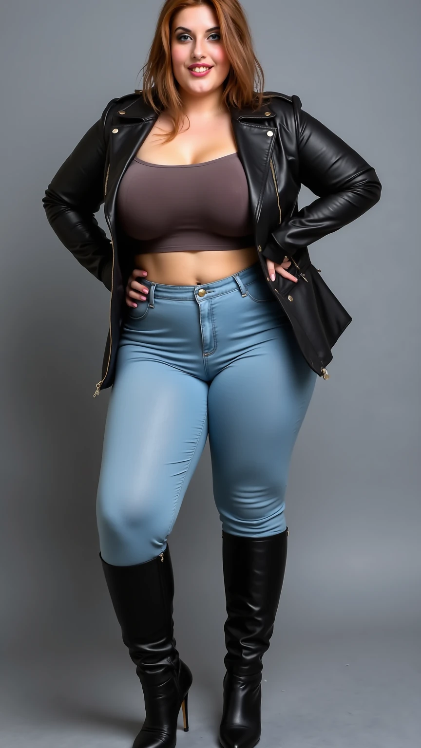 60 year old, light skinned black woman, fitness model, crop top, tight denim, high heels, knee high boots, (((full body shots)))