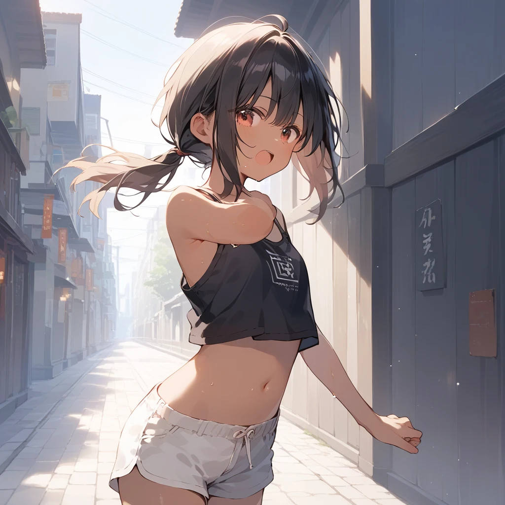 score_9, score_8_up, score_7_up, source_anime, best quality, masterpiece, official art, absurdres, highres, ultra-detailed,waifu2x,Collection: Slice of Life,break,1girl, tomboy, dark-skinned female, short hair, low ponytail, flat chest, beautiful detailed eyes, shorts, sweat, open mouth, (yawn:0.3), sleepily, outdoors, wind,break,(clear line illustration:1.2), super detailed skin,very high resolution, very aesthetic, Best sexual lighting powered by famous artist, 8k,cute picture,beauty illustration,photoshop_(medium),,(Detailed Lighting),best anime 8k konachan wallpaper, pixiv contest winner,