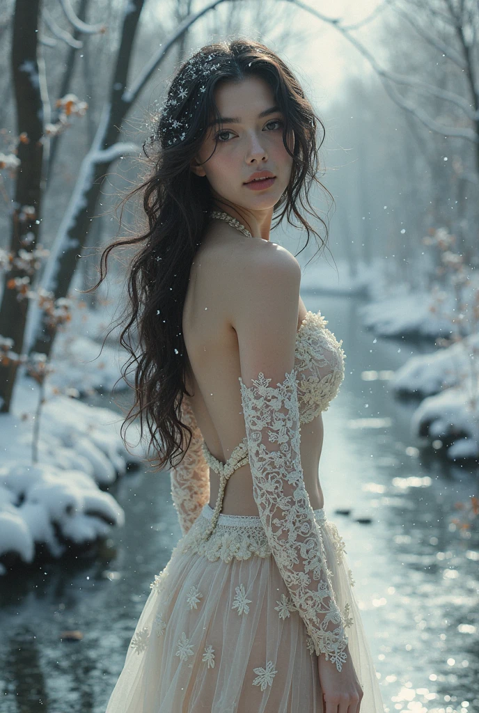 best quality, masterpiece, highres, 1girl, transparent lace dress, cotton robe, hair ornament, dress,hair ornament, necklace, jewelry, chinese clothes, long hair, earrings, detailed beautiful eyes,detailed eyelash, Beautiful face,upon_body, tyndall effect,photorealistic, rim lighting, two tone lighting,(high detailed skin:1.2), 8k uhd, dslr, soft lighting, high quality, volumetric lighting, candid, Photograph, high resolution, 4k, 8k, Bokeh, in garden, falling snow, winter, (gigantic breasts:1.25)