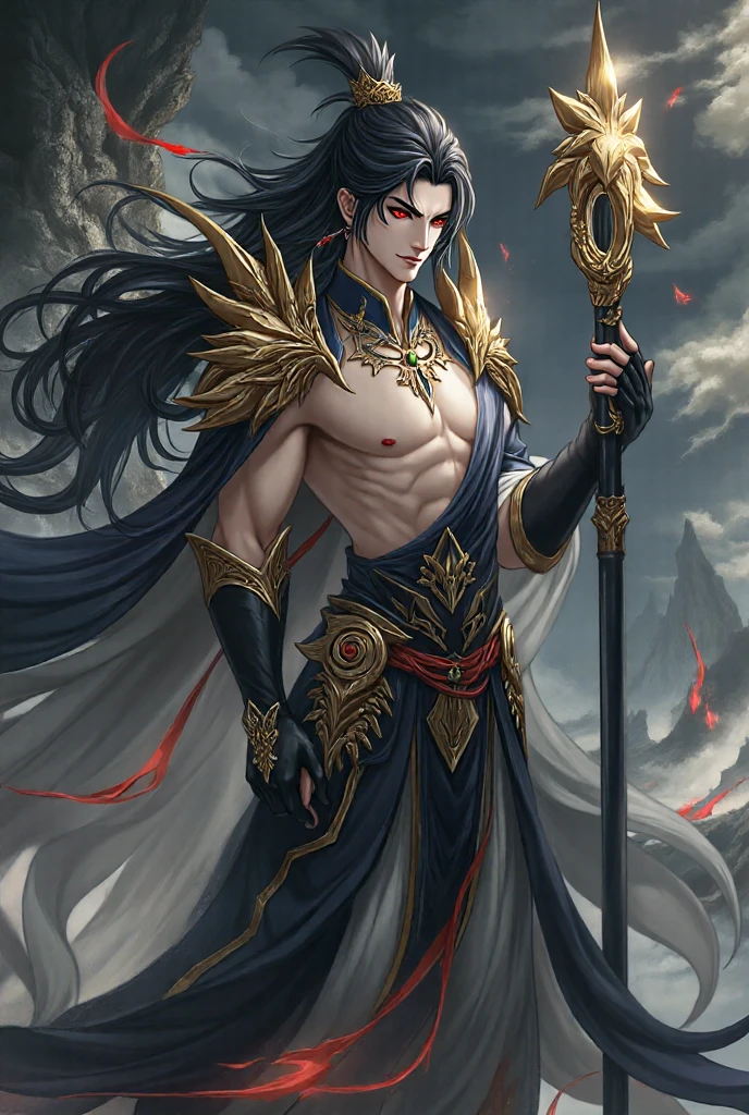 ((Best Quality, 8K, Masterpiece: 1.3)), A seductive and virile figure of Hades, with ((perfect blue eyes: 1.3)), long black hair, white skin and a perfect face, ((his black horns a sign of his power: 1.3)), stands tall with a perfect body and body proportions, Holding a bident, all rendered in a unique and creative style, all rendered in a detailed, high-quality style.