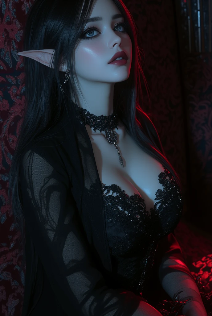 Succubus, Black hair, sexy, dark atmosphere, bloody whole body, dark gothic lingerie, half human, half devil, sexually stimulating, image pretty and diabolical, devilish tail, pointed tongue, pointed elf ears, seductive, narrow pointed face ,beautifully detailed