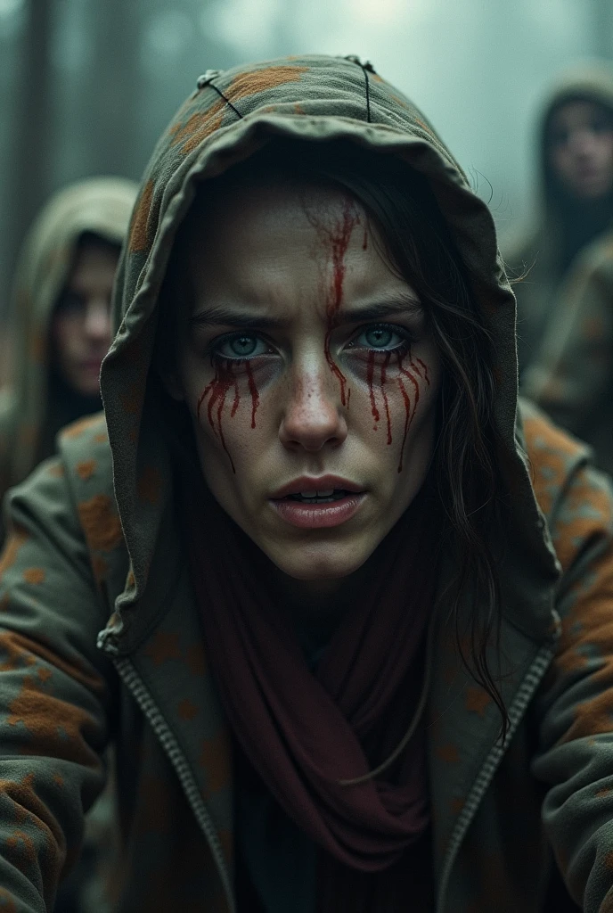 brutal style, masterpiece, best quality, 8k, artstation, sharp focus, ultrarealistic, high details, raw photo of angry beautiful woman inside secret underground biohazard lab (slaughtered by group of infected babushkas:1.3), (medium shot), ((backround defocused)):1.7, (((depth of field))):1.8, warm ambient lighting