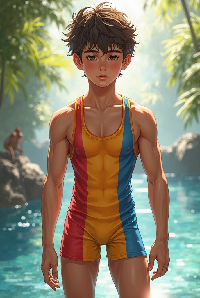 muchacho, very attractive muchacho, Etnia mexicana. piel bronceada, pelo muy corto, Joven culturista, raised muscle, hermosa musculatura, aesthetic stretch marks, Inspiring physique, lean muscle, pectorales cuadrados, hermoso cono en v, grandes abdominales y torso, tanga diminuta brillante, cara hermosa, young Rocky desert behind him, sunny day, Rocky desert behind him, Imagen de habilidad, Mirando al espectador, Pocas nubes en el cielo.