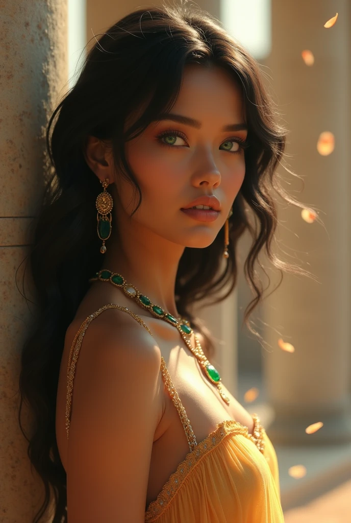(A Gorgeous 30-Year-Old Greek Female Goddess), (Messy Long Black Hair), (Green Eyes), (Fair Skin), (Wearing Green Revealing Maiden Attire with Golden Jewelries), (Greek Temple at Night), (Elegant Pose), (Half Body Shot), (View From Front), (Ambient Lighting), Photo Realism, Intricate Face Detail, Intricate Hand Details, Vibrant Colors, Highly Detailed, Picture Taken with Sony A7RIV, with Sony 16-35mm f/4 Lenses, Cinematic, High Definition, Trending on Artstation--style raw