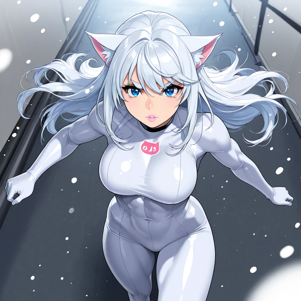 a 23years old girl in small tight transparent swimsuit full body, white hair, blue alluring eyes, thick thighs, very thin waist, slim hips, open legs, cameltoe, big cameltoe, big pussy),Hyper detailed cameltoe, highly detailed face, 4k eyes, clean, vibrant colors, extremely detailed with rich colors), in a modern urban city, its dawn orange and pink big clouds, blue sky, (thick semi-traditional lineart)
