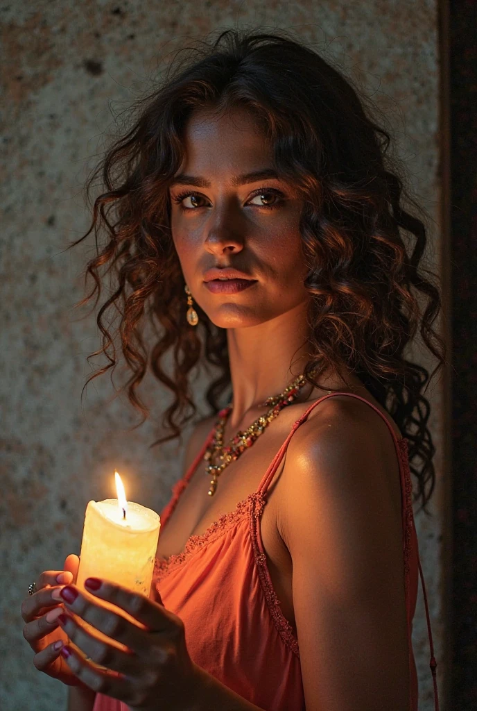 Photograph of a woman, (elegant and confident facial expression), smooth and glowing skin, blonde afro hair, wearing a stunning red evening gown, full-body shot, dark and mysterious cave with unique rock formations and hidden wonders, perfect eyes, (candlelight, chiaroscuro), Porta 160 color, shot on ARRI ALEXA 65, bokeh, sharp focus on subject, shot by Don McCullin
