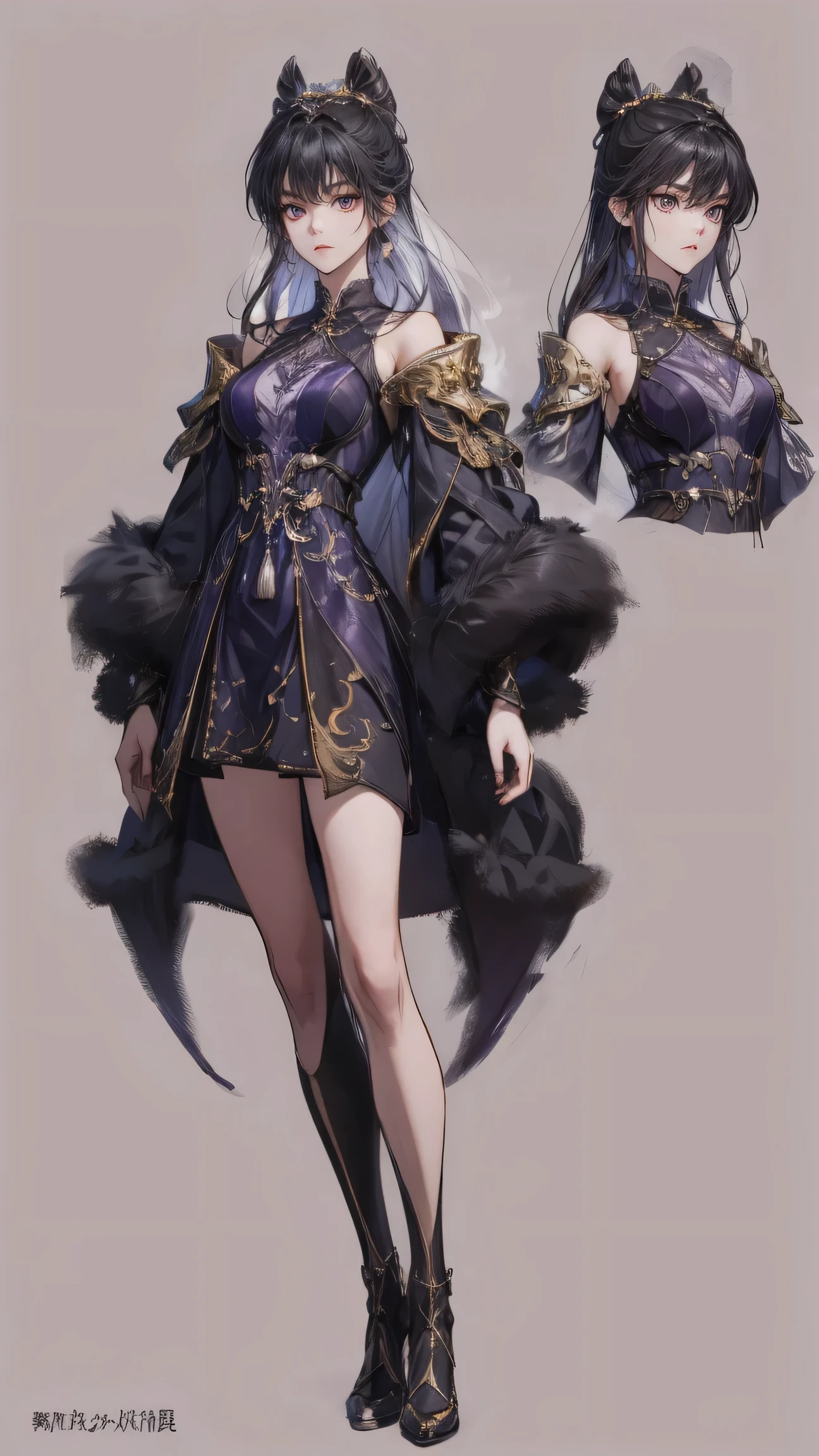 Masterpiece , best quality, 1 Xiao Wu , Face Color Looks Cool , Strong, Golden Left Eye , Red Right Eye , Long hair, Black hair, Firm Eyes , Simple Uniform , Black Long Earrings , Chinese , Front, back, left, right Photo , simple background, purple Background , Anime, illustration, Full body , bun hair , black fluffy animal coat on shoulders , tiny girl , purple eyes , short , character sheet , detail dress