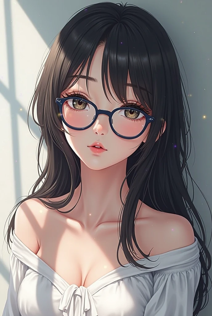 (Best quality:1.1), (Masterpiece:1.2), Highqualityshadow, Beautiful detailed, Beautiful face, Detailed eyes, Off-the-shoulder attire，Depth of field, A high resolution, Best shadow, Best illumination, 1girll, view the viewer, （black color hair:1.3)，long detailed hair, Long hair, blue eyes, Shy, Large breasts, only wears an oversized long t-shirt Glasses,cleavage，looks into camera，sad，closeup cleavage, mellancolie, long white t shirt until thighs, White shirt, naked lower body, torn, mid-chest torn shirt, no underwear