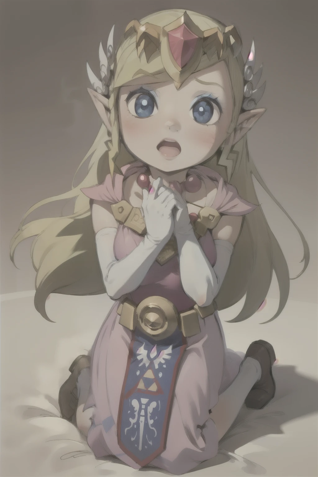 masterpiece, best quality, Mature female, toon zelda, 1girl, solo, gloves, dress, jewelry, elbow gloves, belt, blue eyes, tiara, huge breasts, scared, :1.3, open mouth, blush,, promotional, looking up, Kneeling