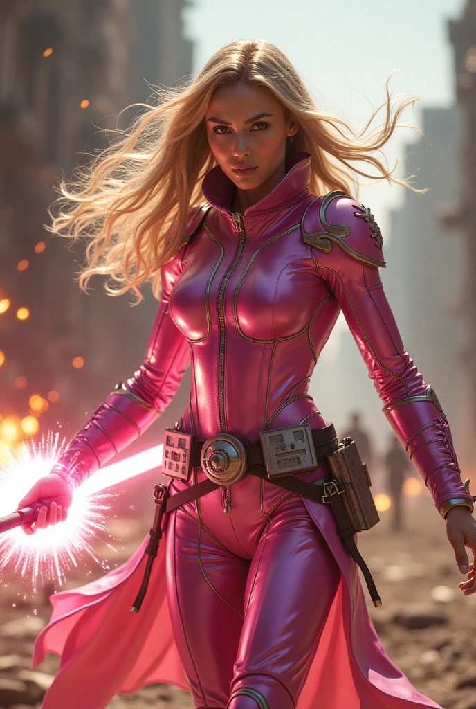 Russ meyes heroine big guns, skynny, fibrosa, atletica, blonde, action scene, pink clothes, staring blue eyes, big breast exposed in tight top, tighj tactical uniform pink shorts, caderas estrechas, action scene, war, explosions, wearing two big pistols,