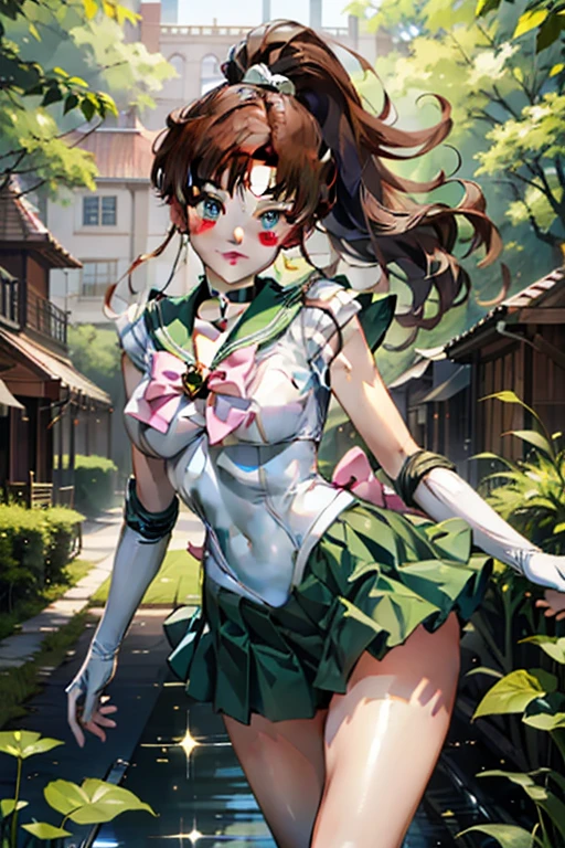 masterpiece, best quality, highres, hmjupiter, green eyes, ponytail, tiara, jewelry, sailor senshi uniform, green sailor collar, choker, elbow gloves, white gloves, pink bow, brooch, leotard, off skirt, cowboy shot, standing, night, moon, flustered,large breasts, panties,white background,simple background, show off nipple,