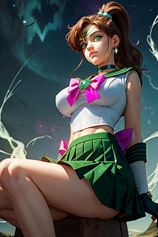 8k, qualidade superior, alta resolução, Reallistic、fotorrealista，Pose de modelo sexy, Cinematic light、to stand、arte de fantasia detalhada、arte de personagem impressionante、fan art best art station、epic exquisite character art、germe de arte extremamente detalhado、arte de anime digital detalhada、art stations , 1girl em, the sailor jupiter, colarinho de marinheiro verde, cabelos castanhos vermelhos, poneyCauda, ((sorriso sedutor、Cara Muito Limpa、Detalhes do rosto:1.5、rosto bonito、Olhos belos、olhos brilhantes、olhos de cor verde,fine lips:1.3、fino, Sharp, pale eyebrows,、long dark eyelashes、Double eyelashes)),Uniforme Sailor Senshi( (White latex elbow gloves, Thin white latex leotard、Green latex skirt, gargantilha verde,pink bow、Detail with strong shine and smooth surface））， brinco, tiara dourada,Dynamic Stance, Dynamic backgrounds、Stars and moon in the skyＣＧ、fantasiaｃｇ、Magnificent big bright moon、Ambiente iluminado、cavaleiro da fantasia、starly sky、Esbian de corpo inteiro、The deity of lightning、lightnings、eletricidade、radiating power、magia((Drama))Lightning background,