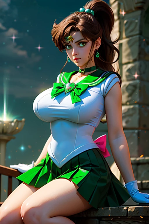 masterpiece, best quality, highres, hmjupiter, green eyes, ponytail, tiara, jewelry, sailor senshi uniform, green sailor collar, choker, elbow gloves, white gloves, pink bow, brooch, leotard, green skirt, standing, cowboy shot, outdoors,gigantic breasts, Hi3GB, giga_busty