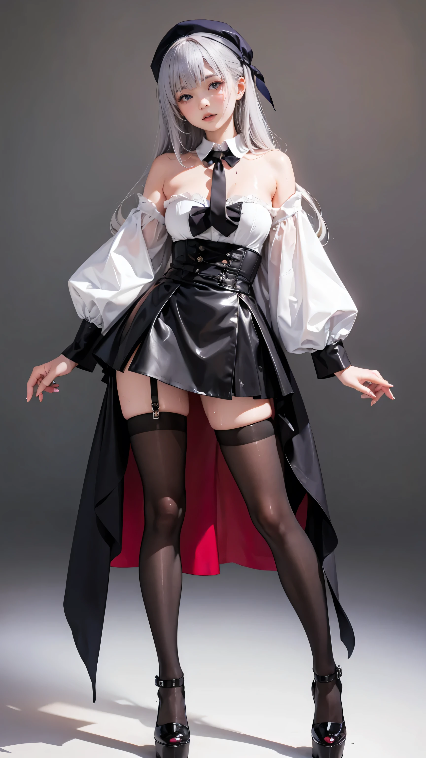 SNFW Gothic Lolita miniskirt pantyhose high heels Fancy lipstick drool sweaty woman full body very long hair beret