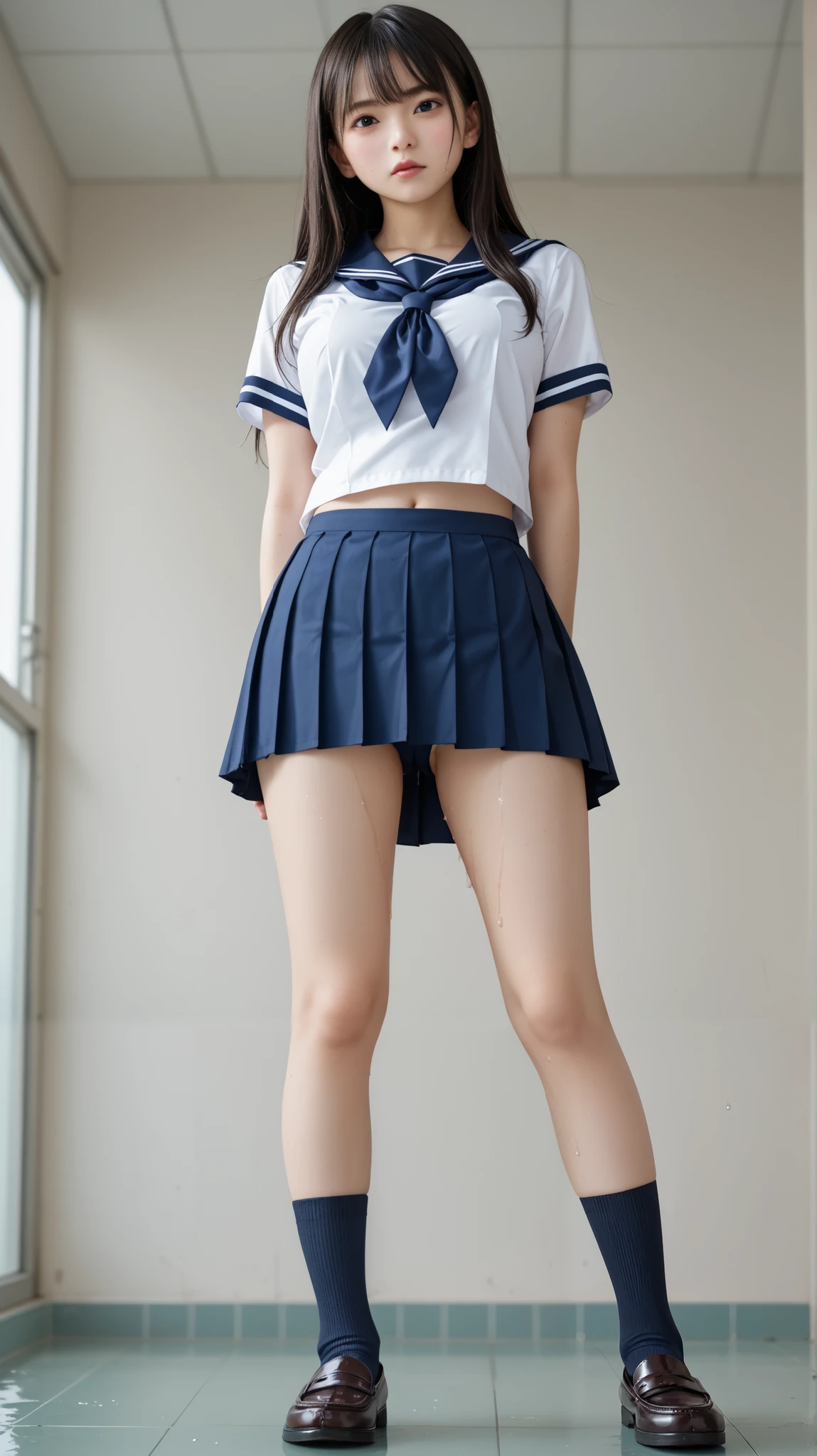 (masterpiece, highest quality:1.2), 8k,  years, 85mm, official art, RAW photo, スーパースリムなスレンダーbeautiful girl, (When I lift up my short navy blue skirt、full nude下Half body, I can see your crotch.:1.8)、short sleeveの白シャツ、show me your ears、naked girl photoshoot、full nude, cute face, close, Half body, Biolace, gardenia, beautiful girl, school uniform, (navy pleated skirt:1.1), tighten your waist, thighs, short sleeve, stand by the train window, looking at the viewer, no makeup, (smile:0.4), film grain, chromatic aberration, sharp focus, face light, clear lighting, Ten generations, detailed face, background bokeh, (dark red tie:1.1)、((((((two girls))))))、((((((２人のfull nude女子高生)))))