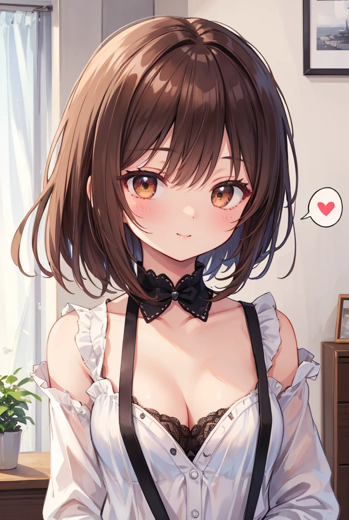 1girl, solo, breasts, looking at viewer, blush, smile, open mouth, bangs, black hair, bow, navel, cleavage, bare shoulders, medium breasts, underwear, ponytail, :d, hair bow, sidelocks, cowboy shot, frills, choker, fang, indoors, stomach, bra, black eyes, grey eyes, hands up, bare arms, clothing cutout, bell, bed, on bed, cleavage cutout, underwear only, curtains, jingle bell, neck bell, white bra, paw pose, meme attire, lamp, bedroom, frilled bra, cat cutout, cat lingerie, ((32k)), ((best quality)), ((ultra high res)), ((HDR)), ((UHD)), ((extremely detailed CG)), ((unity 32k wallpaper)),