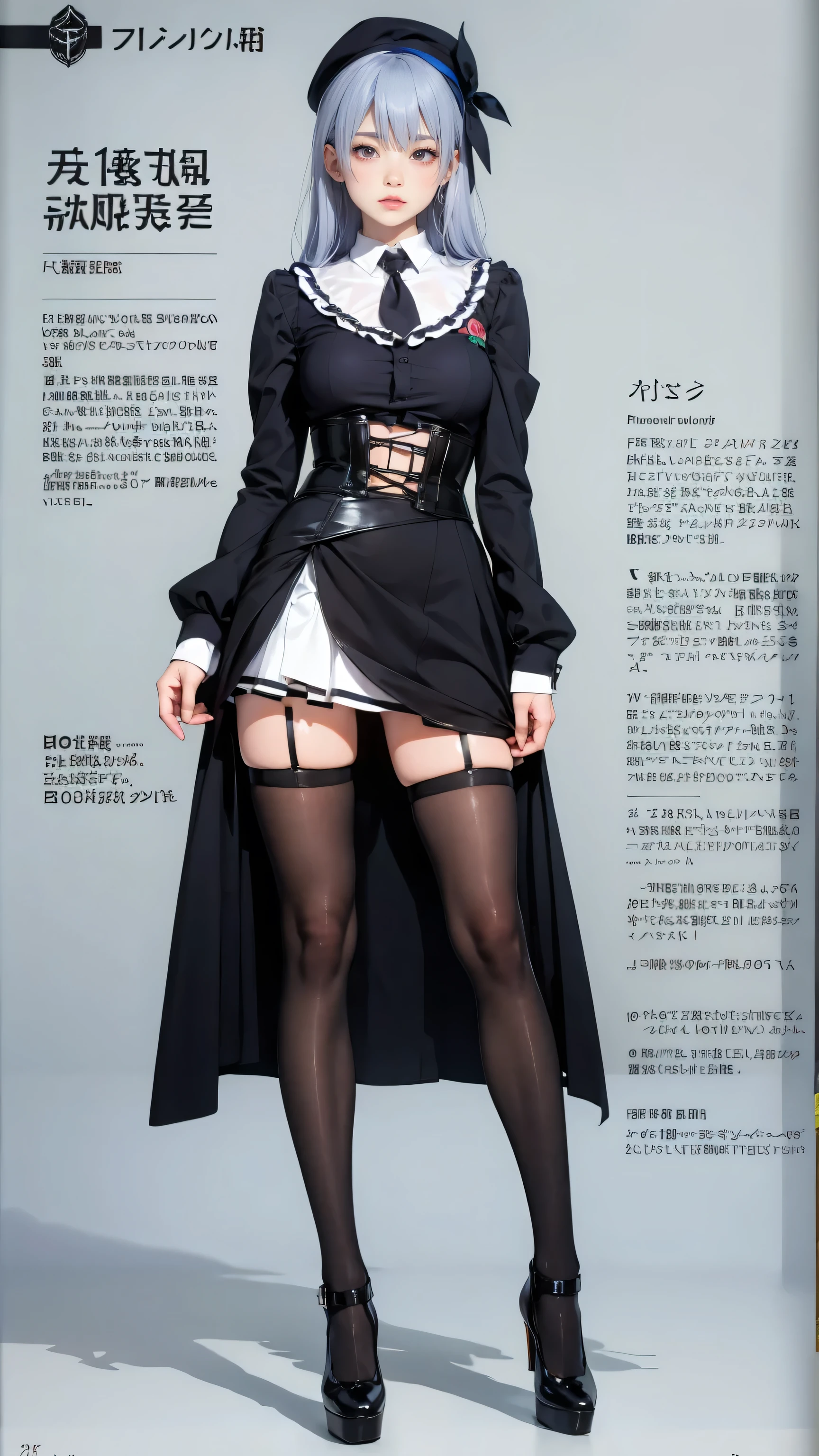 SNFW Gothic Lolita miniskirt pantyhose high heels Fancy lipstick drool sweaty woman full body very long hair beret