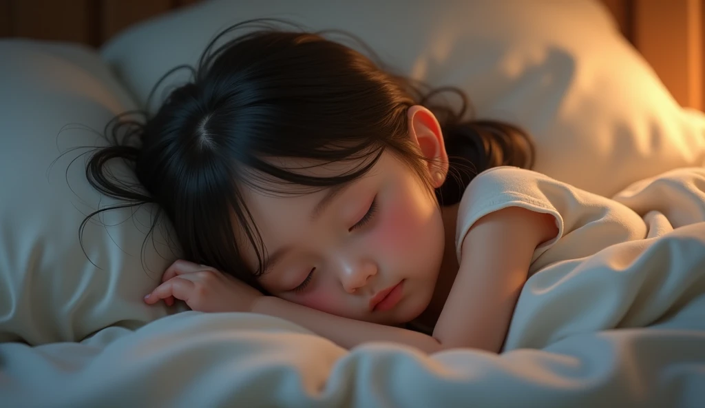 a young girl sleeping in bed, wearing wet pajama pants, a puddle on the bed, detailed realistic, photorealistic, 8k, masterpiece, (hyper-detailed:1.2), (ultra-detailed:1.4), (intricate details:1.3), (delicate textures:1.2), (soft lighting:1.1), (warm colors:1.1), (dreamy atmosphere:1.1), subtle steam effect, cinematic composition