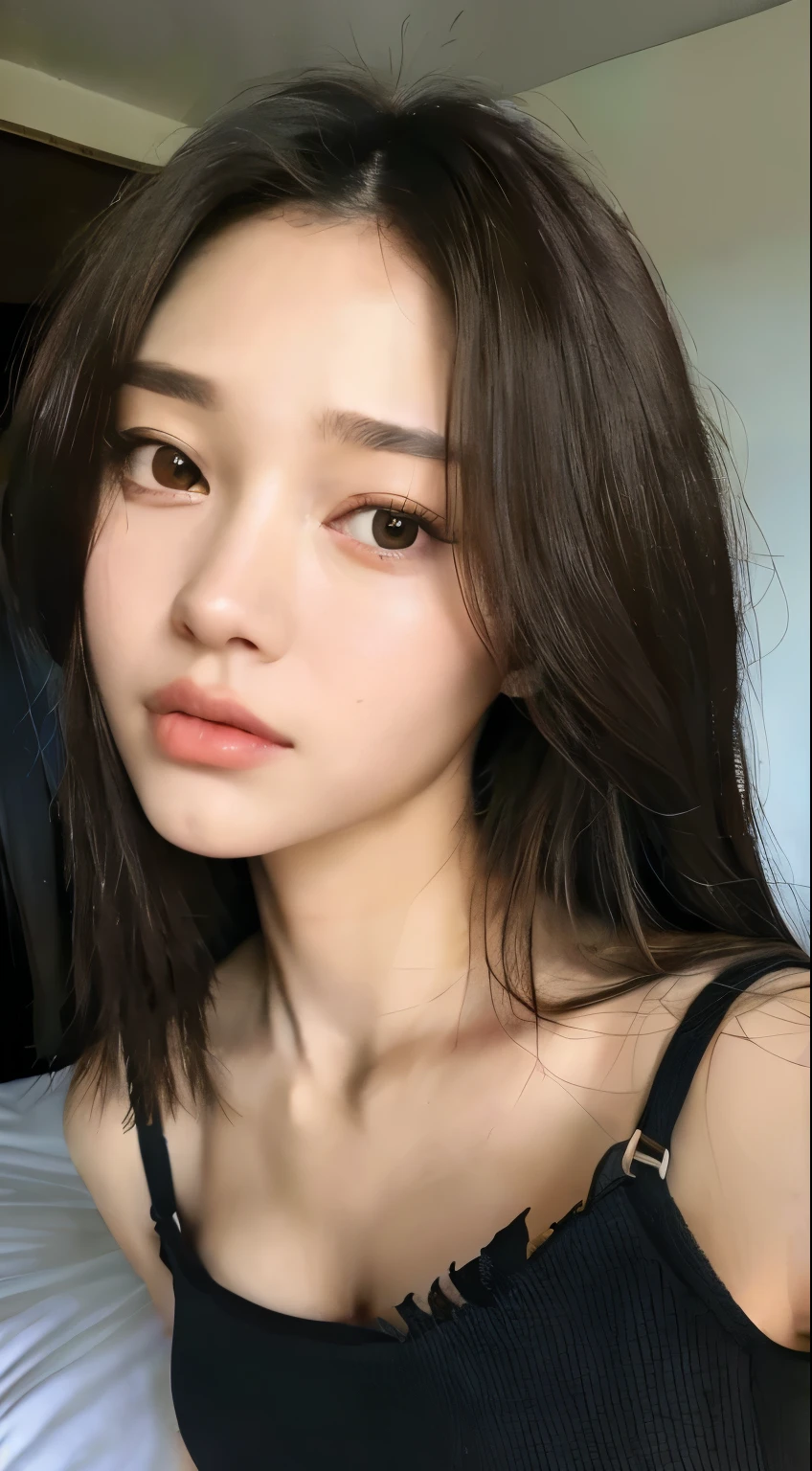 (Top quality, 8k, Masterpiece: 1.3), she is a lovely lady with a perfect figure: 1.4, dark brown hair, torn shorts, sleeping in bedroom, very detailed face and skin, fine eyes, double eyelids, puffy eyes, detailed eyes, bangs, long hair,