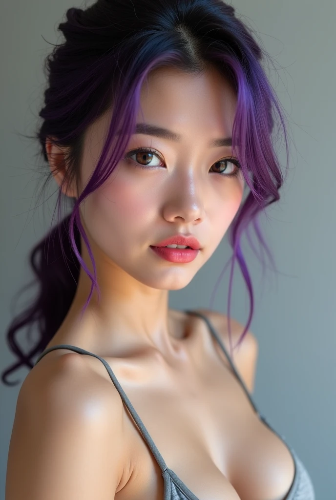 26-year-old Asian girl with the build of a gymnast. Elle a des cheveux très court violet flashy. Elle a de grand yeux avec des pupille en trais mais des oreilles humain . A teasing and mischievous little air. She has a 70-A chest. 