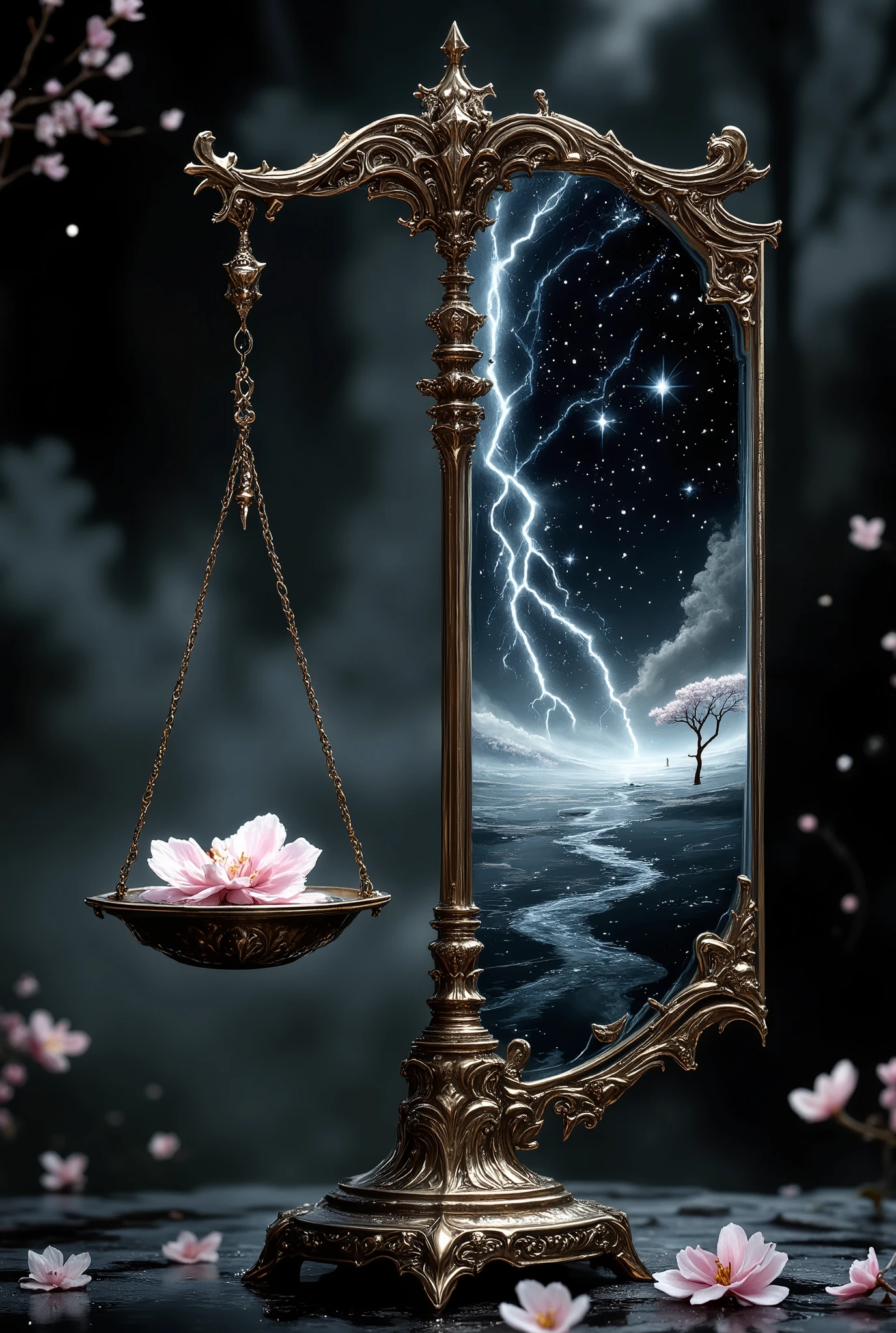 beautiful scales, vintage ones with, крупным планом видно clearly, (on One thicket of the scale, Beautiful milk river, beautiful sakura blossom floats in the river), (on the other thinner than the scales, beautiful black starry sky, pours with beautiful small silver stars, beautiful, clearly, Masterpiece , best quality, maximum details, 8 k, complex textures , High resolution, ultra quality, fantasy style, Fantasy, fantasy,