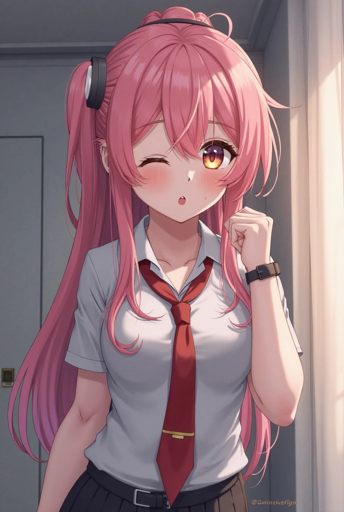 High quality, koroti_itsuka,1girl, solo, neko ears, untied necktie, laying bottom up on a school desk in a school class, White ribbons to tie hairs,random dynamic scene , bare shoulders , long red hair, vibrant red eyes