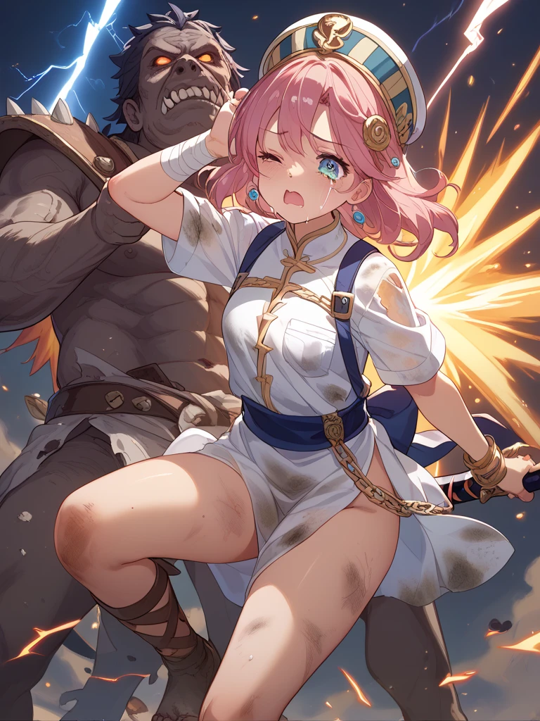 {best quality}, {very aesthetic}, {ultra-detailed}, {best illustration}, nsfw1 mature female,25-years old, (Besieged by multiple goblins during the battle, female magician attacked), Kobold, Kaiju, (red blush, Crying), ((Gorgeous Wizard Dresses)), (attacking magic), Dynamic Pose, Dynamic Angle, Micro Panties
