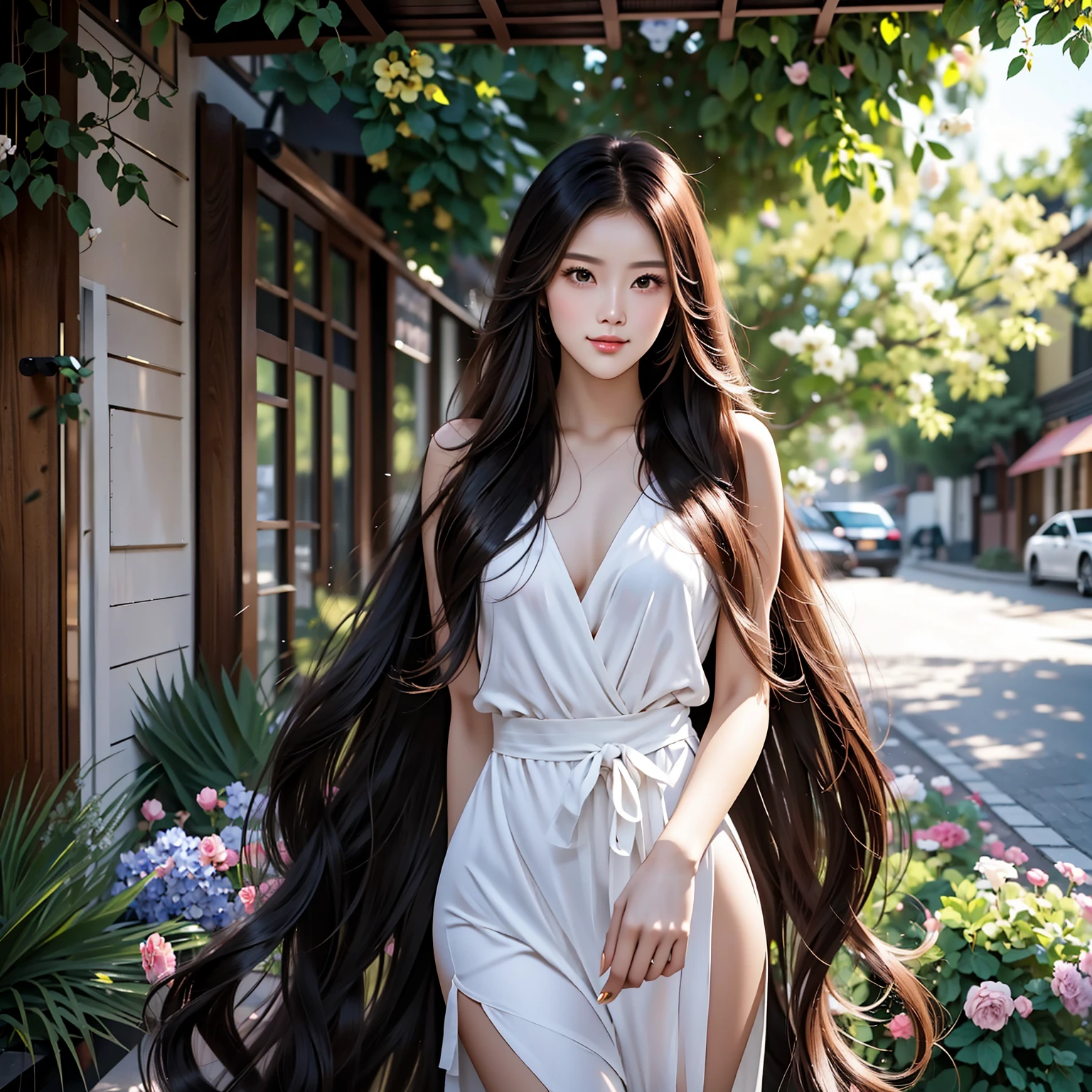 Araffe woman with long black hair walking down a sidewalk - SeaArt AI