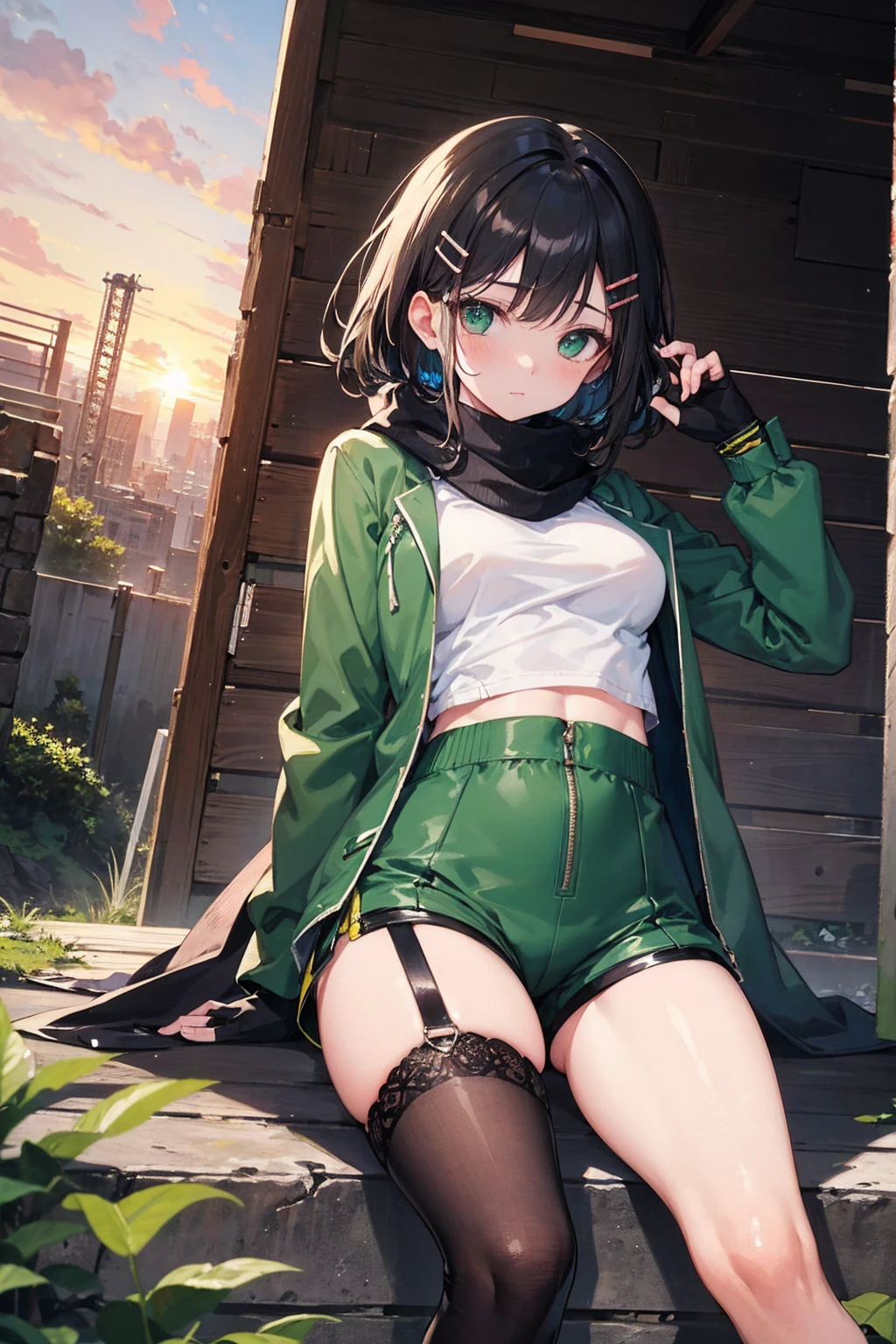 1 girl, black hair with green bangs, red lips, sheer shirt, jacket on top, with a pladded black skirt, thigh-highs, yellow oversized shoes