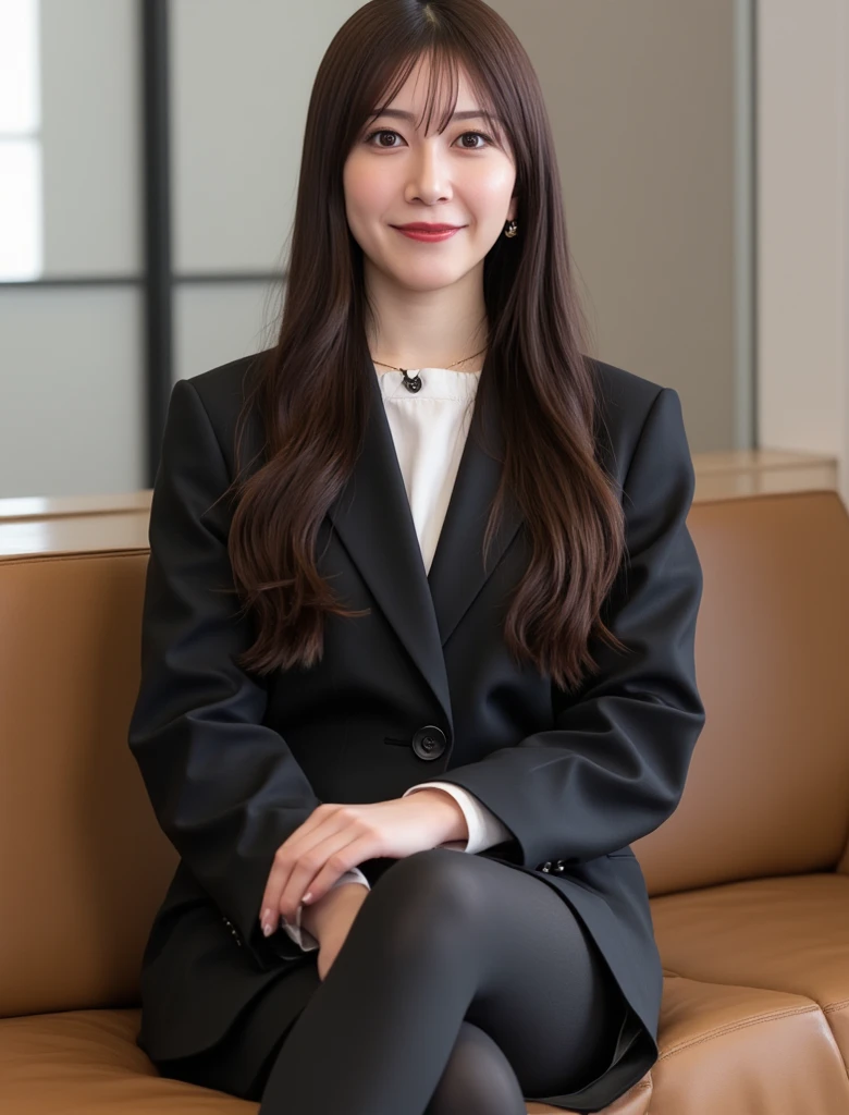 masterpiece, best quality, absurdres, city hall, old woman, intelligent, serious look, sitting, cross-legged, looking at viewer, front view, long hair, wave hair, black hair, eyes open, (large breasts:1.28), (wrinkles corners eyes:1.35), (nasolabial:1.35), (old skin:1.38),wrinkles skin, freckled skin, pale skin, (old muscles:1.2), plump, (black suit), (black mini skirt), (white tank top), (jacket), necklace, piercing, beauty mark, chubby, old, elderly, japanese, inside, in the office, with a window, with a desk, with a chair, in the afternoon, real person, ultra realistic photo, nsfw, full body shot, from front