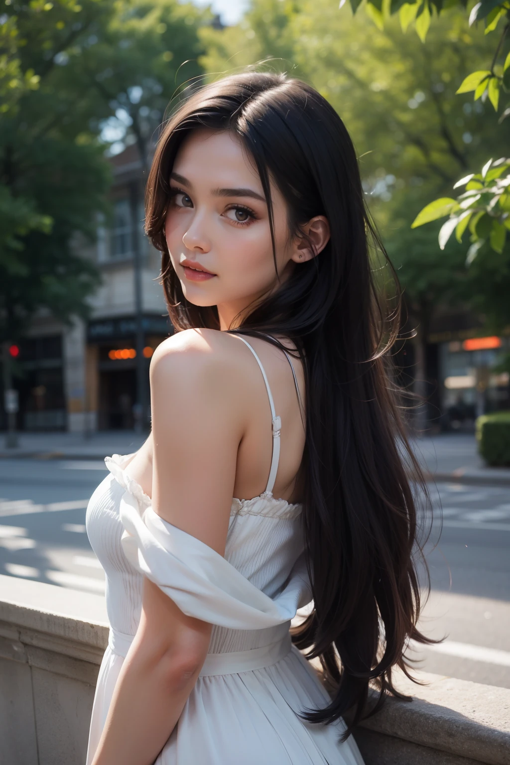( realistic), masterpiece, Best quality , Cinema lighting, natural shadows, the highest detail , Professional photography, Detailed Background , depth of field , crazy details, Complexity, aesthetics, detailed face, subsurface dispersion, look into the camera, 1 girl, full length , charming, 20 years, (masterpiece многоцветный), black hair , outdoors , high quality background , beautiful girl , some European facial features , detailed clean face , without makeup, European appearance