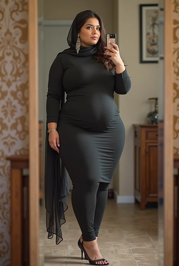 there is a woman random poses with a longest brown and red hijab, bbwchan, thicc, brown hijab outfit, brown hijab fashion model, korean girl, korean woman, wearing brown robe, full length shot, alluring plus sized model, japanese goddess, clothed in hooded, voluptuous and arousing, portrait shot, curvy model, voluptuous body, wonderful, nene tanaka body , bbwchan, The overall atmosphere is smooth , haunting illustrations, extremely high-resolution details, photographic, realism pushed to extreme, fine texture, 4k, ultra-detailed, high quality, high contrast, red Color sneakers, bob hairstyle , short hairstyle , baby face , full body view , big cleavage , big pregnant , milf