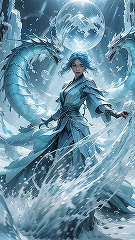 Q version 3 years old（Red robe：1.4）Baby girl standing in front of a transparent blue water dragon，crystal-clear，Eau，water flowing，drippy，Around the girl，Combines the power of water and ice elements，Create powerful ice storms，Freeze surrounding enemies and deal extensive freeze damage。