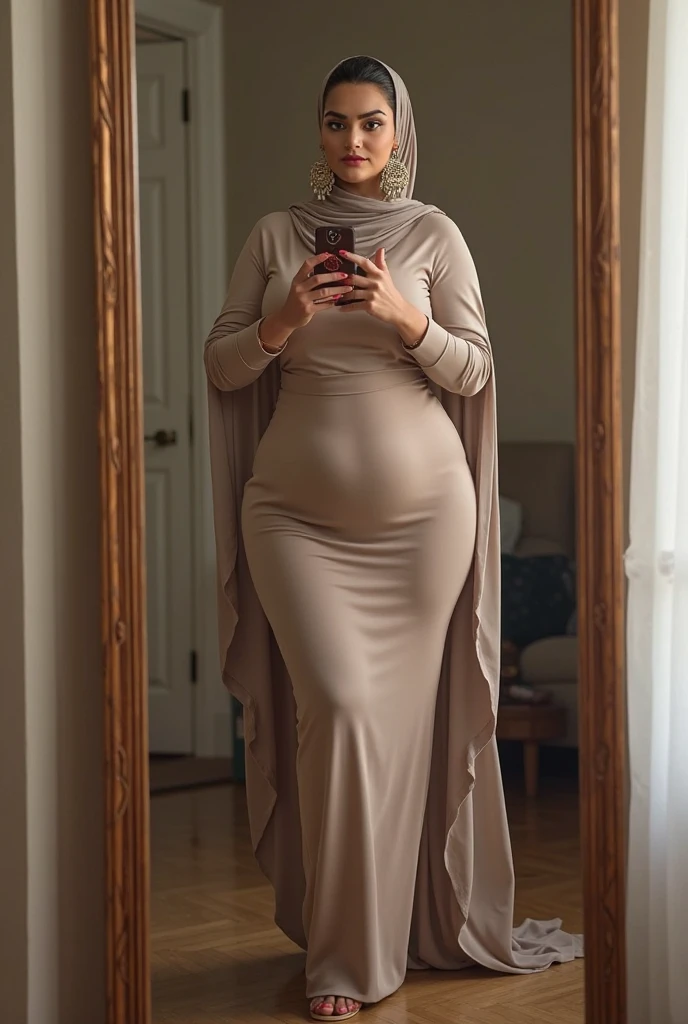 1girl, muslim, pregnant girl, big belly, huge breast, dynamic pose, overaction, fever, complex background, chaos composition, epic, never before, full body portrait, hyperrealistic, 32k, (masterpiece, best quality:1. 4)