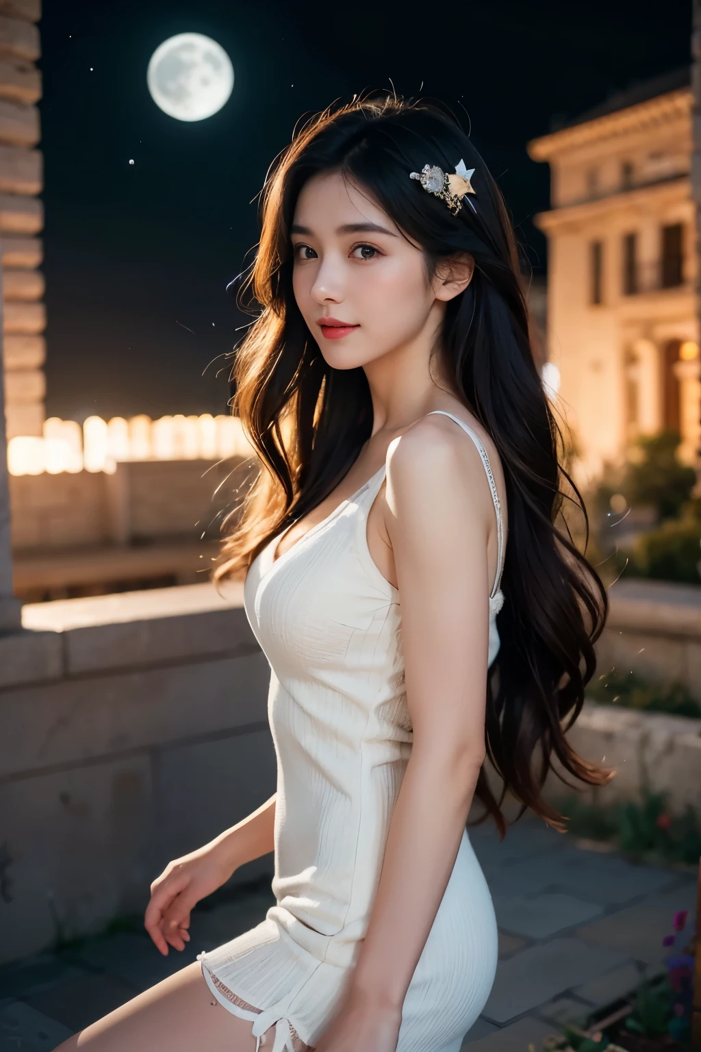 (RAW photo, low photo, best quality, masterpiece:1.3), (realistic, photo realistic:1.2), ultra high res, UHD, high detail color photo, extremely detailed CG unity 8k wallpaper, sharp focus, absurdres, (realistic skin, detailed skin, transparent white glossy skin), best anatomy, (cinematic lighting), glossy lips, 1girl, wavy long hair, hair ornaments, cute face, smile, looking at viewer, 1girl, , illustration, (outdoors, night, stars, moon), black dress, pantyhose, surprised, perfect anatomy. pefect hands., long legs
