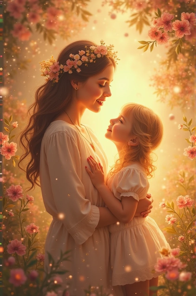 Mother with her children, surrounded by divine light in a magical and mystical style, sacred codes of peace, love and abundance