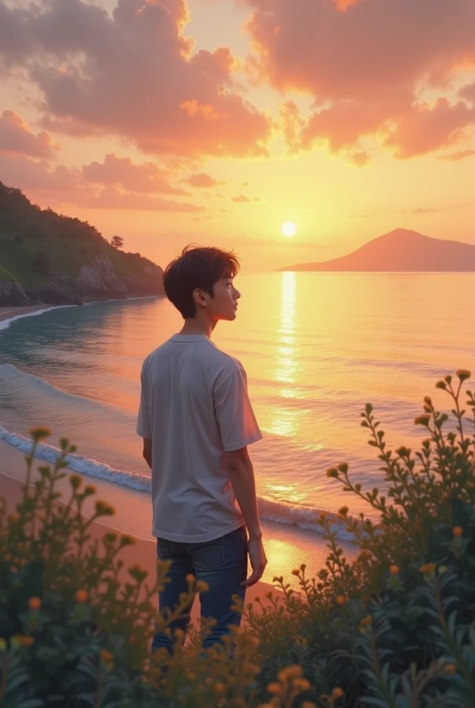 High-quality portrait, hyper-realistic, very detailed: a portrait of a beach with a very large sunset view, showing a young Asian man with short hair, wearing a light blue t-shirt with an abstract design, light blue ripped jeans, and black and white Adidas shoes, sitting relaxed with his back to the camera, his face turned back, auto-focus portrait, bokeh effect.