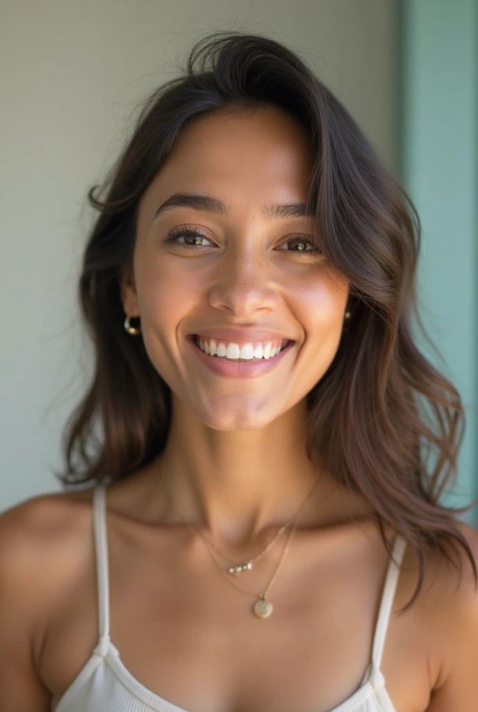 Create a realistic image of a 25-year-old Brazilian woman with medium-length hair, slightly below the shoulders. Her hair should be naturally wavy and a rich dark brown color. She has a warm, sun-kissed complexion typical of a Brazilian, with expressive brown eyes and a confident smile. She should be dressed casually in a light, breezy top, suitable for a warm climate. The background should be neutral, allowing the focus to remain on her, with soft, natural lighting enhancing her features.