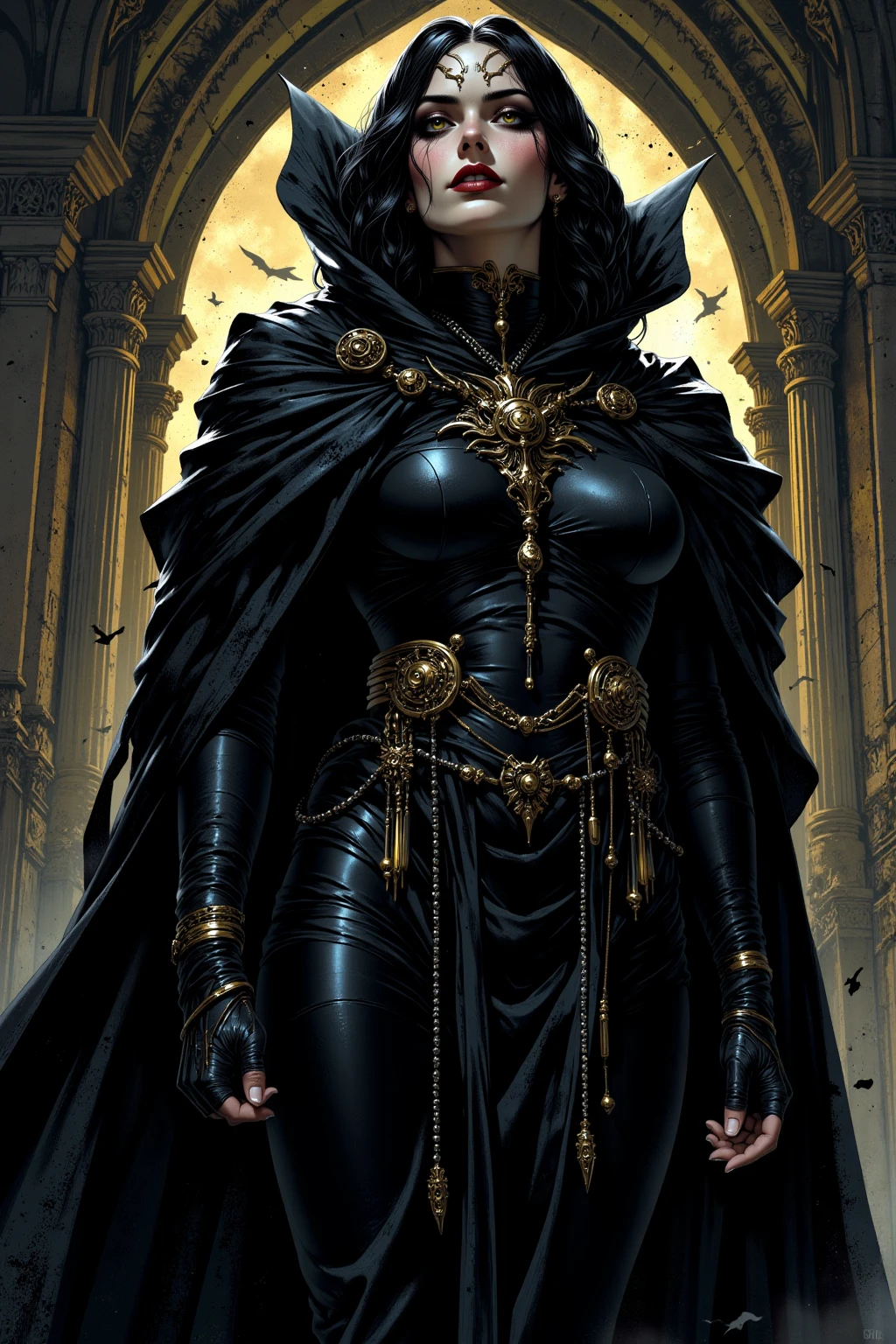 noite enji como 1girl, foto de cowboy de cosplay de corvo, pale skin, collant preto, gola alta, pantyhose, quadris largos, cape, cinto de ouro, jewelry, medallion, Athletic, olhando para o espectador, mist, fog, volumetric lighting, melhor qualidade, Obra de arte, detalhes intrincados, sharp focus, realista