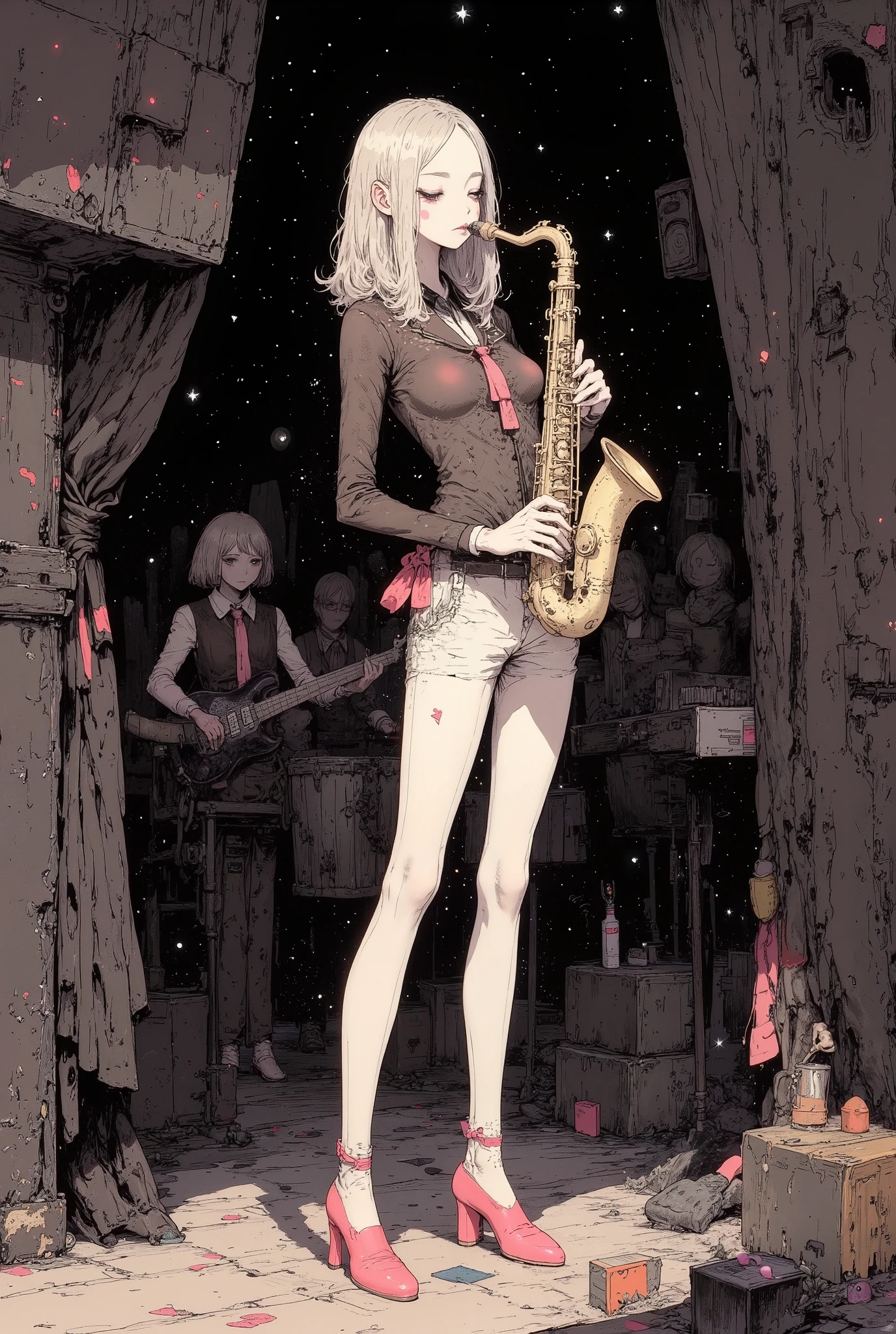 ((She closes her eyes and plays her saxophone nimbly in front of the stage audience. Behind her is a backing band.)), ((five fingers)), Anatomically correct, quality, High Definition model, high detail, (((The textures are soft))), ((matte and toy-like with a handmade premium look)), (((Tim Burton style))), beautiful woman, perfect body, anime style, simple lines, short hair, bob haircut, soft silver medium length hair, (intricate details:1.1), beautiful detailed, beautiful hair, 1girl, japanese, blush,