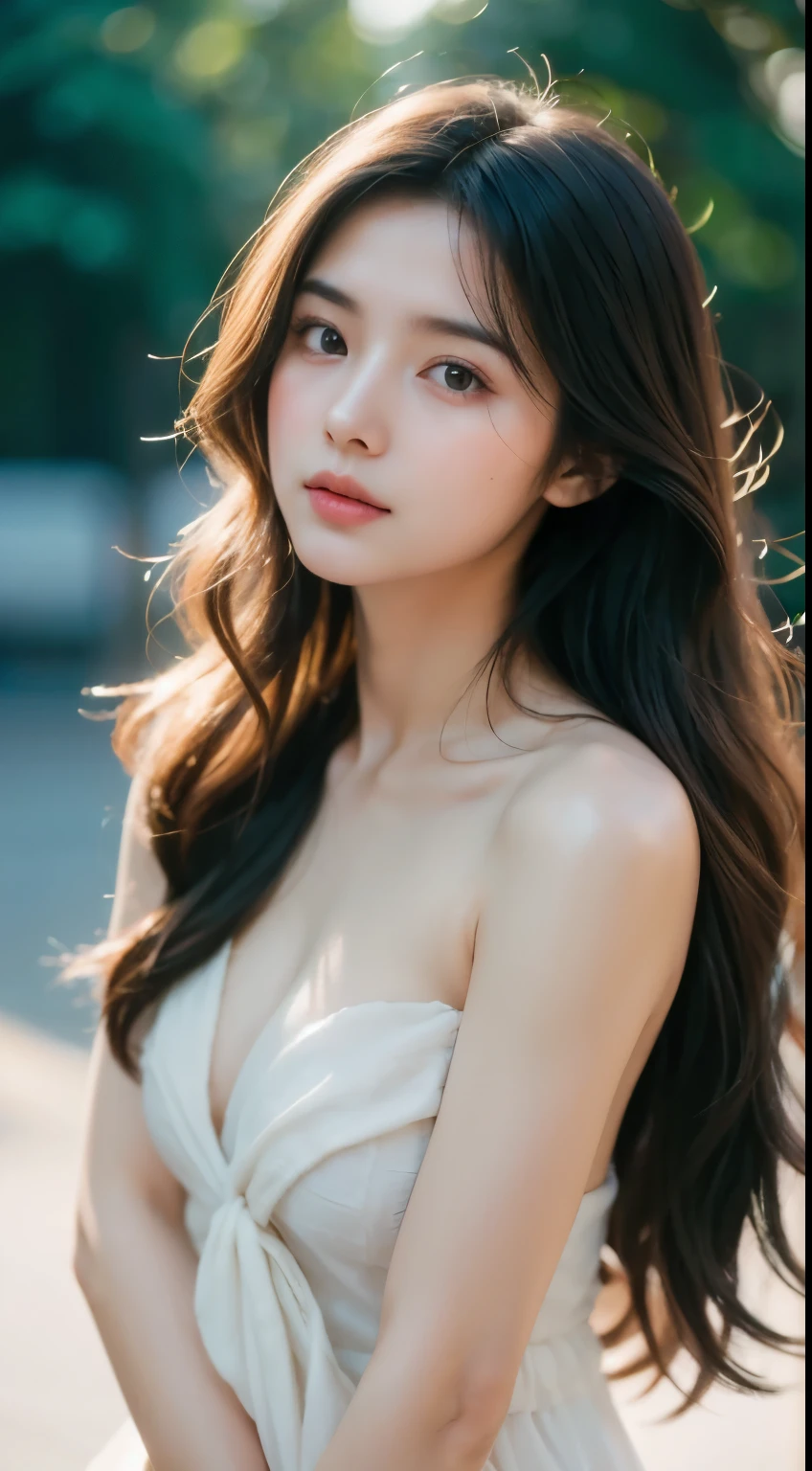 film portrait photography, 1girl, bare shoulders, wavy shoulder-length hair, serene, calm, (realistic detailed eyes, natural skin texture, realistic face details), soft dramatic lighting, depth of field, bokeh, vibrant details, finely detailed, hyperrealistic, 35mm film, hazy blur, filmg,