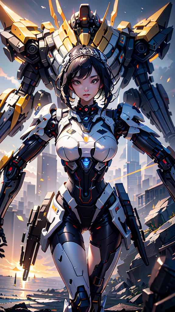 Close-up of a man with a gun in the city, Girl wearing mecha cyber armor, modern mecha anime, Cyberpunk Anime Girl Mecha, inspired Written by Krentz Kuschaert, Written by Krentz Kuschaert, A mix of anime robots and organic matter, Anime Mecha Aesthetics, Modern science fiction anime, Female Mecha, Mechanized Valkyrie Girl,fighting stance, very large futuristic suit, large rifle, mechanical wings,shining,war,battle,fly to the sky,(NSFW)