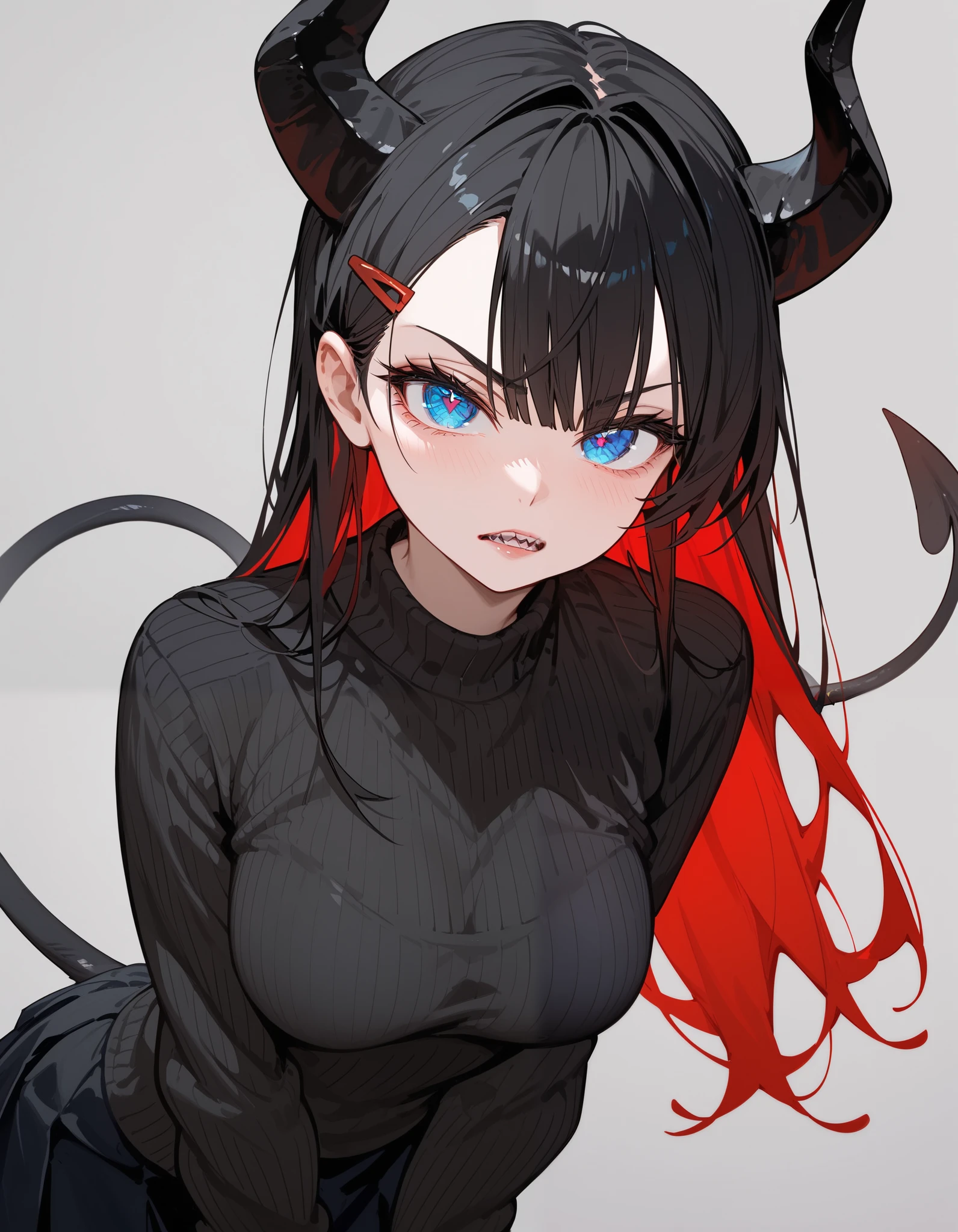 1 person,girl,red hair, long hair, in blue eyes, black-horned,, Long Sleeve Sweater,Medium Breasts,Pretty eye tail ,Sharp face,slim,good figure,,Beautiful round eyes,cute,focus page,Place in the room,Open your mouth, Details 4k , Pretty Blue Eyes ,Best Quality ,milf,Big black guy,gray background,Black Shirt,Tall,dark,The devil,Cool Horny ,Fierce face,horn grim ,Black hair clip,Tall,serious page,He's so big., black skirt,School skirt