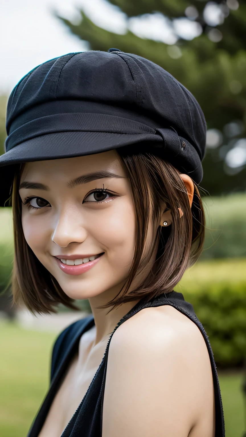 Masterpiece with natural light , best quality , woman , Bowler hats , bungs , smile , Outdoors, extra short hair, side lock - hair , cute face,brown eyes 4k Photo