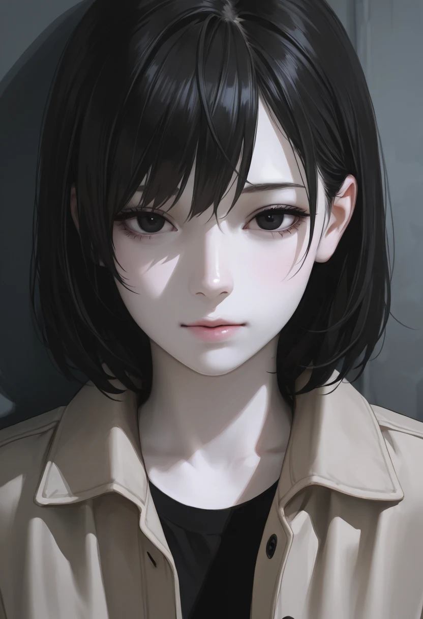 beautiful girl with realistic black eyes, pale skin, mid-length black hair, perfect face, perfect eyes, wearing coat, highly detailed, comprehensive cinematic, digital painting, 8k, cinematic lighting, best quality, highres, detailed work, post-processing, perfect result, hyper realistic